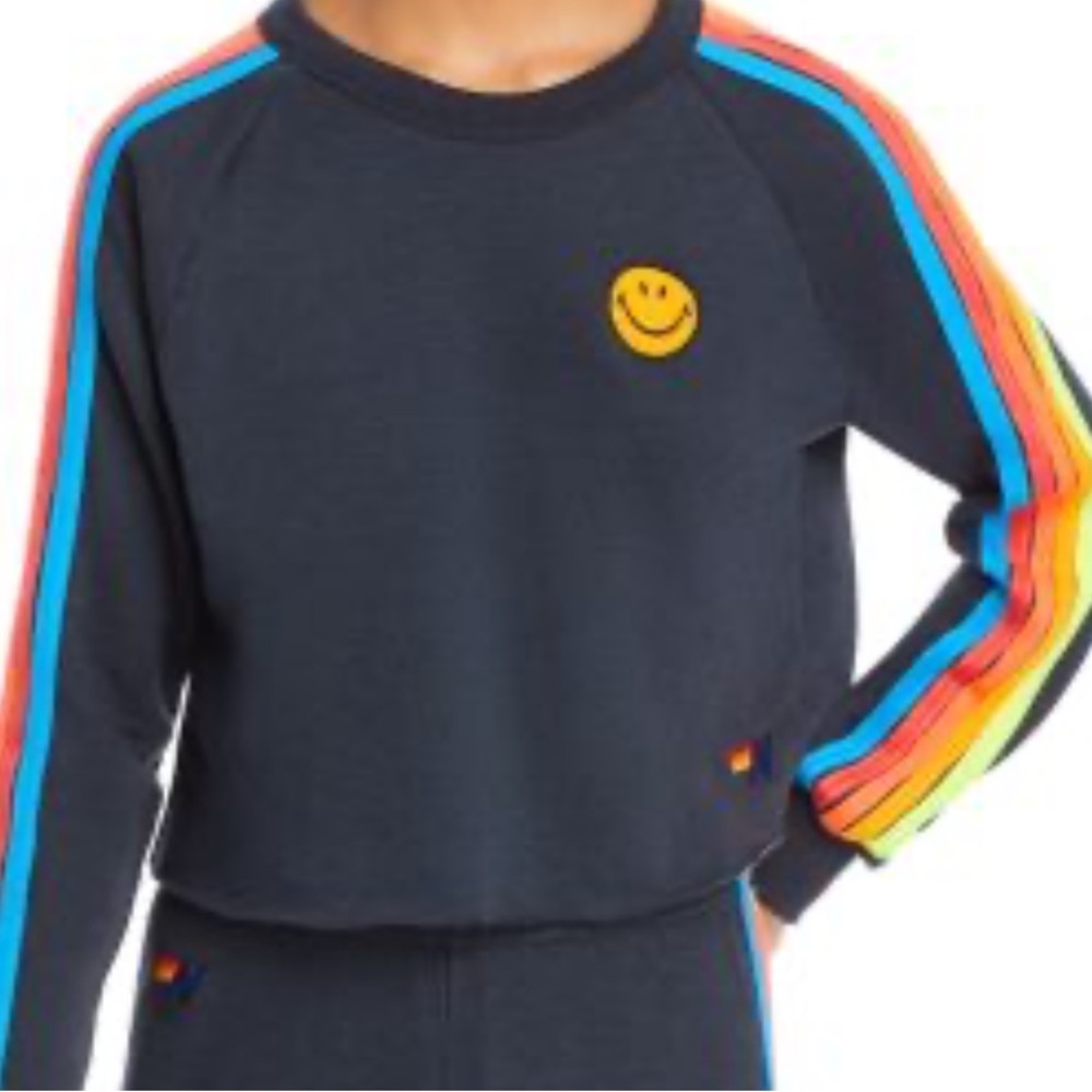 Aviator Nation Small Charcoal Sweatshirt with Rainbow Accents & Smiley Face